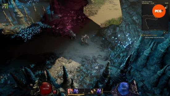 Τοποθεσία Last Epoch Cursed Veteran's Boots - Ένας Primalist και ο λύκος του κοιτάζουν μια σειρά από σταλαγμίτες κοντά σε μια είσοδο σπηλιάς.