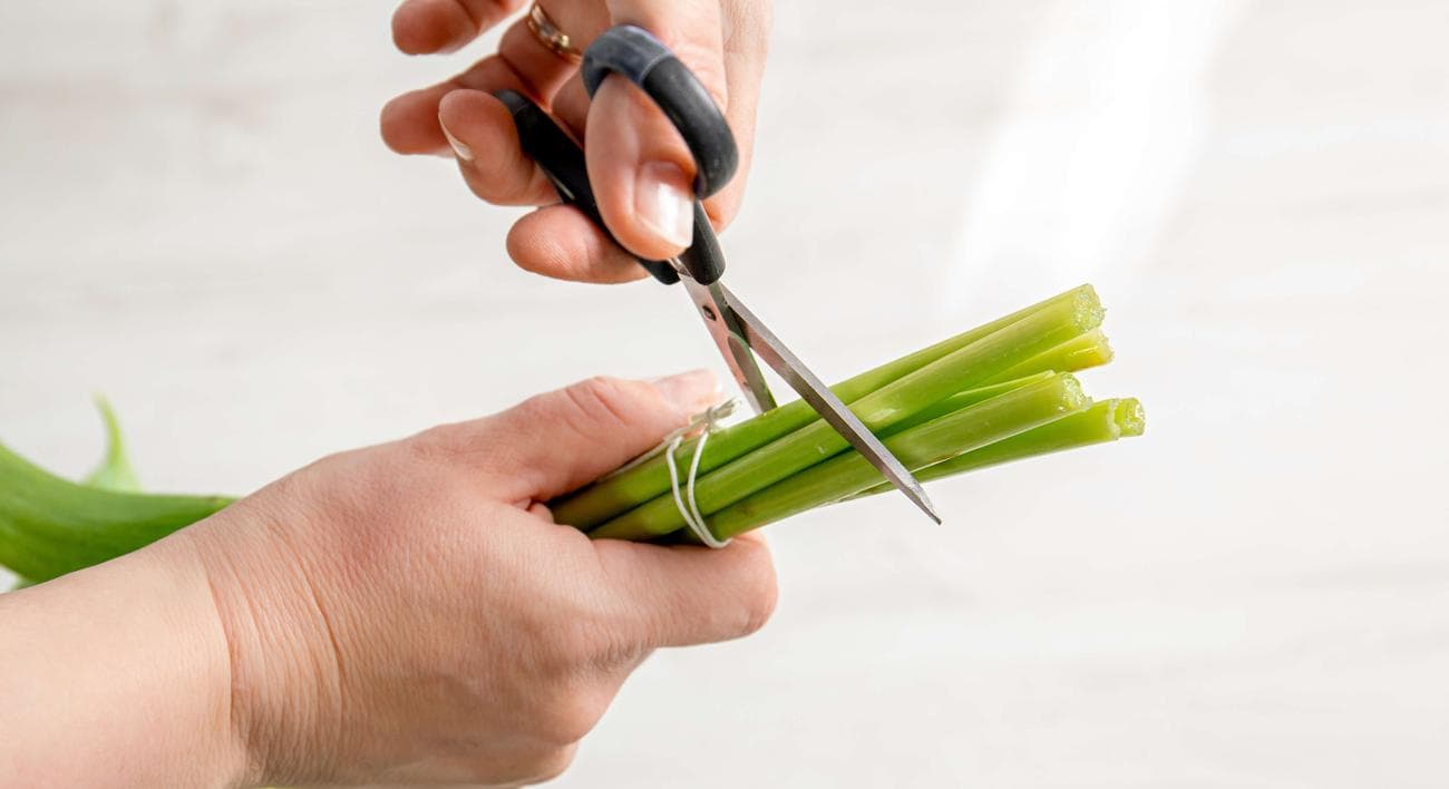 Γυναίκα που κόβει ένα μάτσο μίσχους λουλουδιών με ένα ψαλίδι