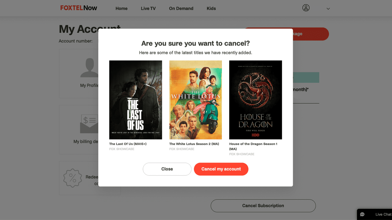Στιγμιότυπο οθόνης του αναδυόμενου παραθύρου Foxtel Now