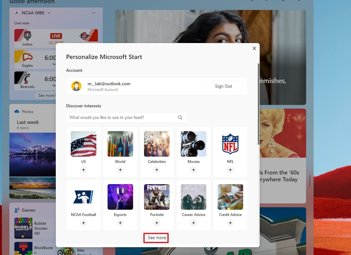 Ρυθμίσεις ενδιαφέροντος Microsoft Start