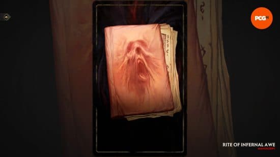 Κομμάτια χαρτιού με ένα φανταστικό πρόσωπο, που απεικονίζουν το Rite of Infernal Awe, ένα από τα καλύτερα χειρόγραφα Solium Infernum.