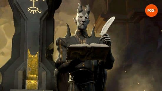 Ο Belial, ένας από τους Solium Infernum Archfiends, σχεδιάζει, ένα βιβλίο και ένα πτερύγιο στα χέρια του.