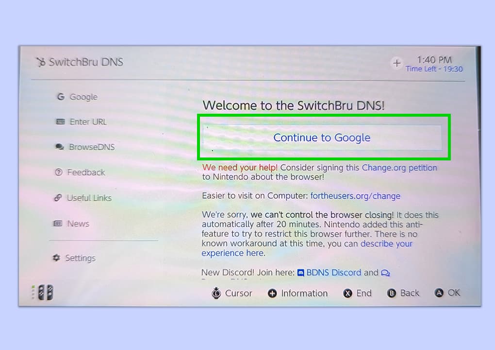 Στιγμιότυπο οθόνης της οθόνης Nintendo Switch που δείχνει τον τρόπο πρόσβασης στο κρυφό πρόγραμμα περιήγησης ιστού.