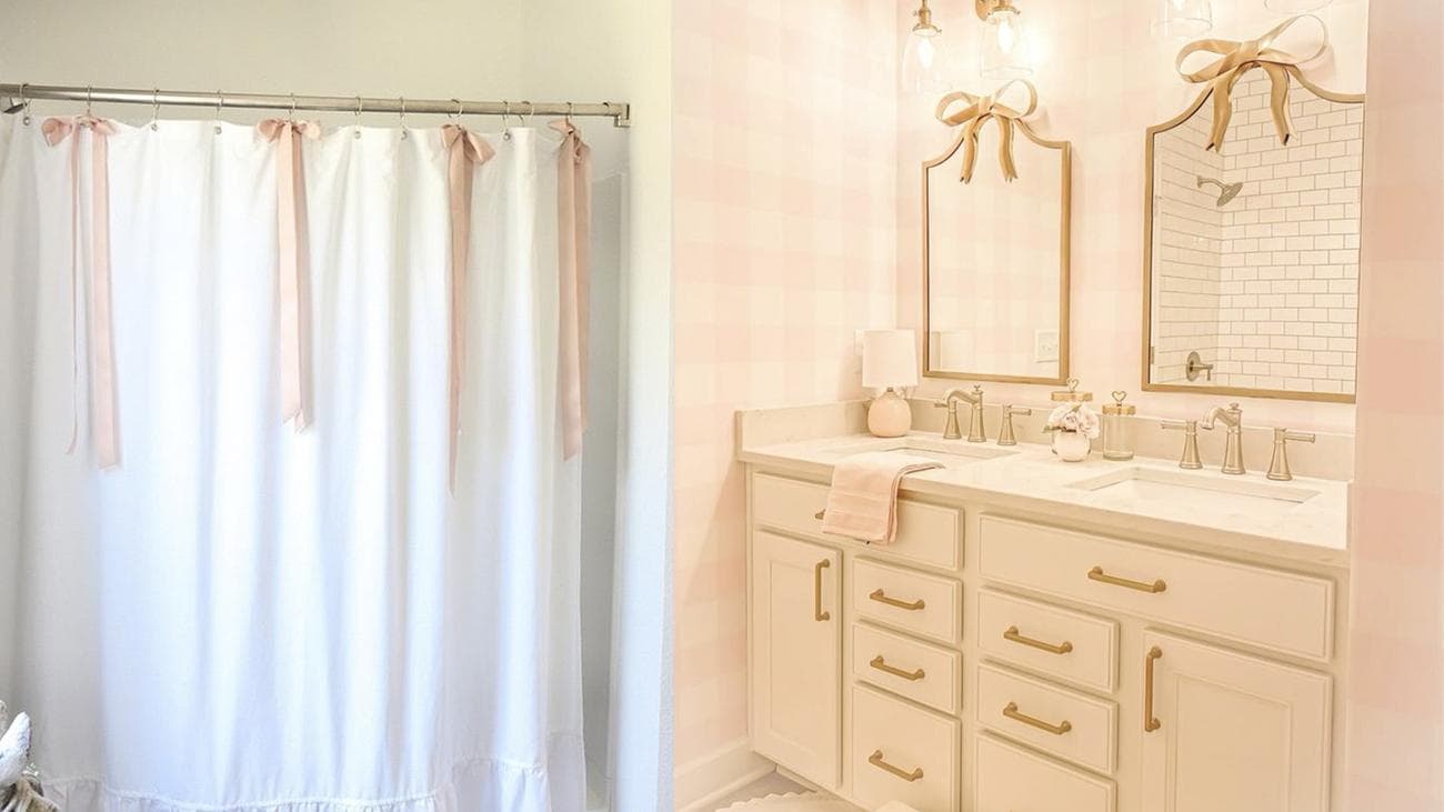 Κουρτίνα μπάνιου με φιόγκους και περιοχή νιπτήρα με φιόγκους σε καθρέφτες