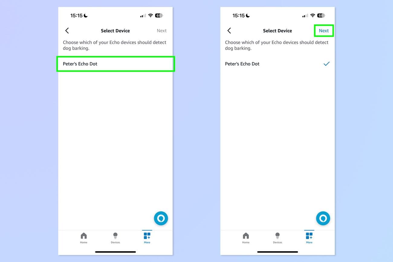 Ένα στιγμιότυπο οθόνης που δείχνει πώς να χρησιμοποιείτε τη συσκευή Echo για να σταματήσετε το γάβγισμα του σκύλου σας ενώ είστε έξω.