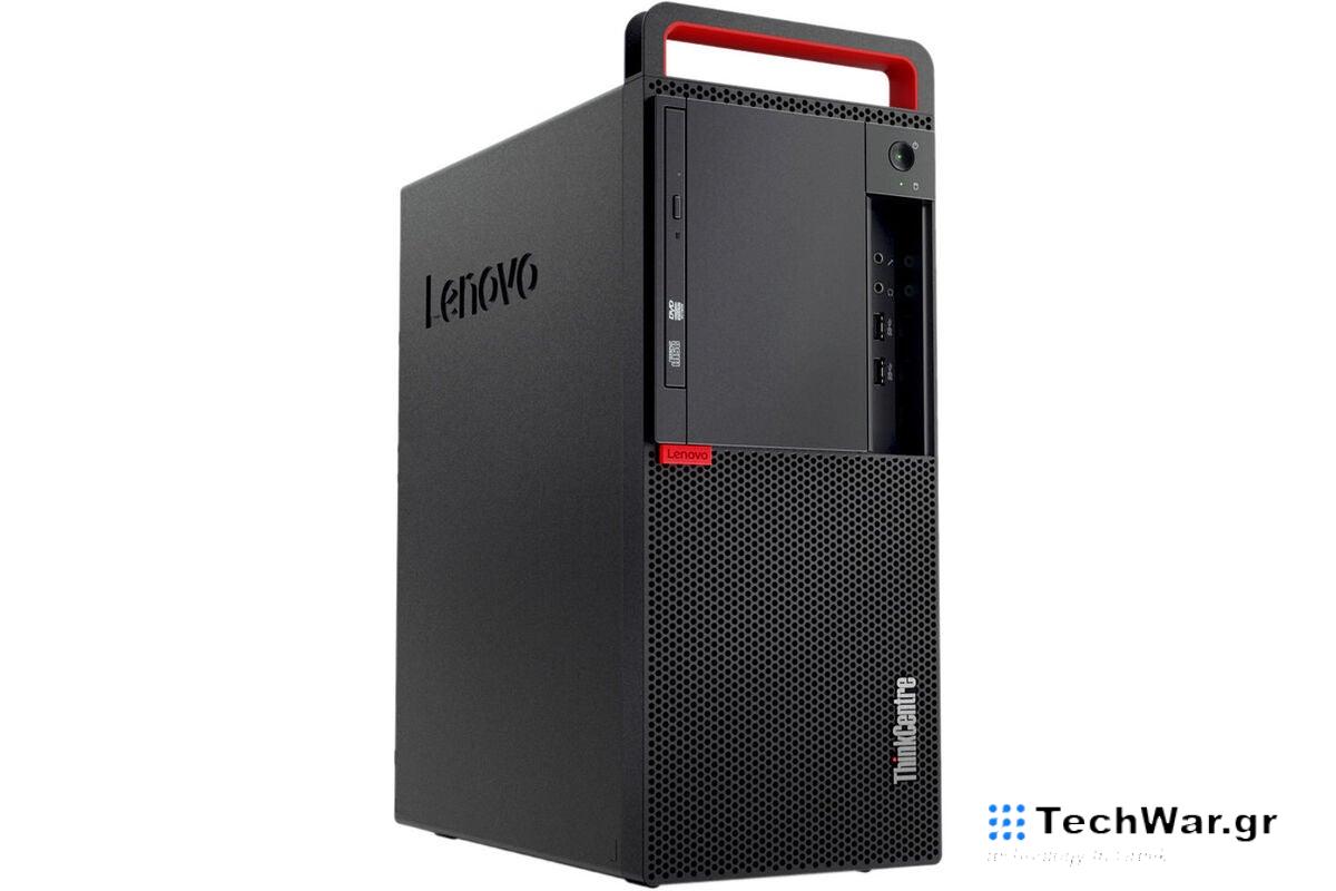 A red and black Lenovo ThinkCentre desktop computer on a white background.