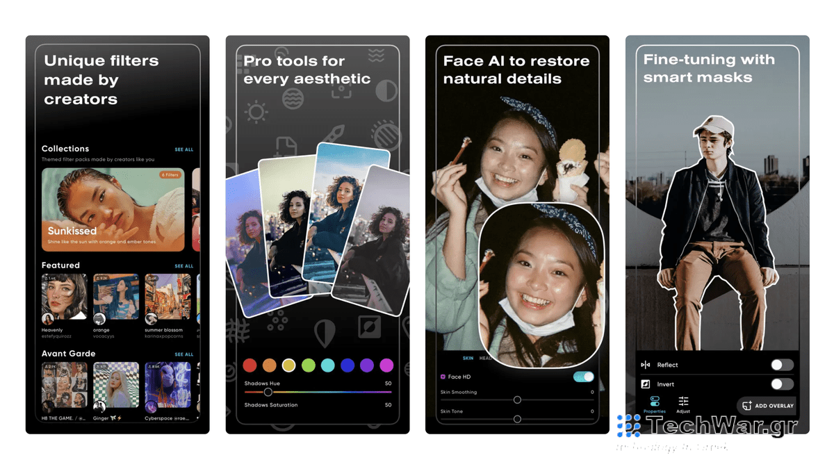 Screenshots of the Polarr app from the Apple app store.