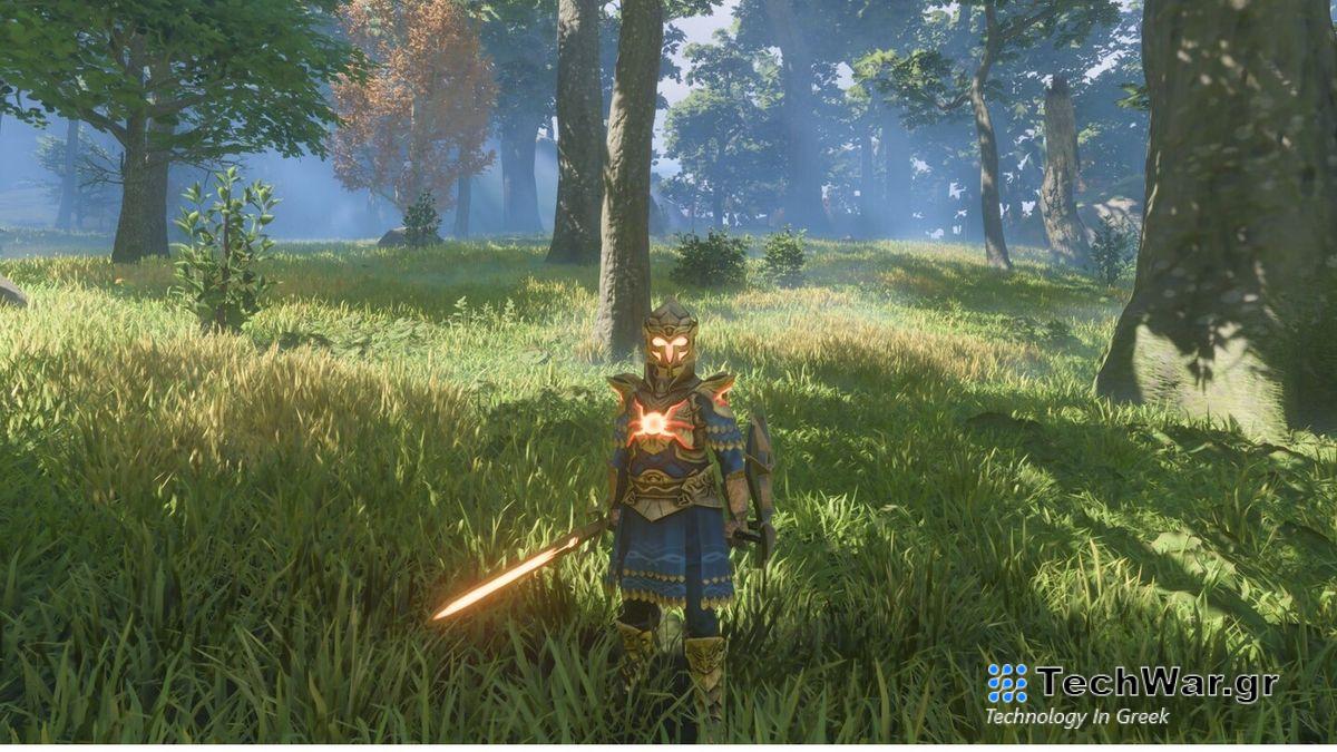 A player standing in the forest of Enshrouded