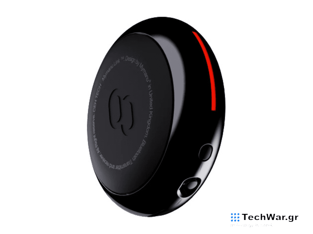 A black and red Mymanu Link wireless Bluetooth transmitter on a plain background.