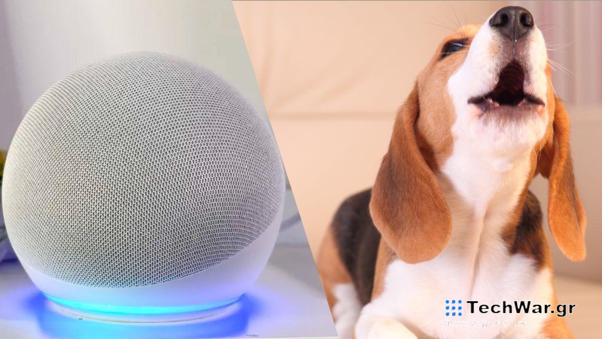 An Amazon Echo Dot next to a photo of a barking dog