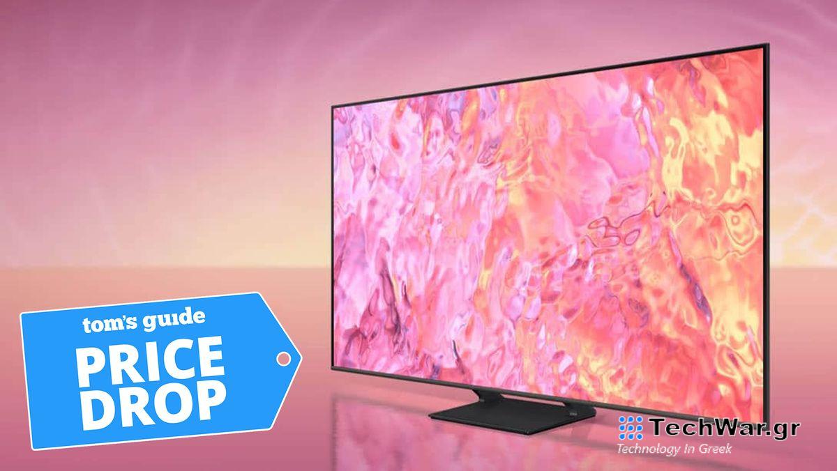 Samsung QLED Q60C TV screen with pink display and pink background with Toms Guide price drop deal badge in left bottom corner