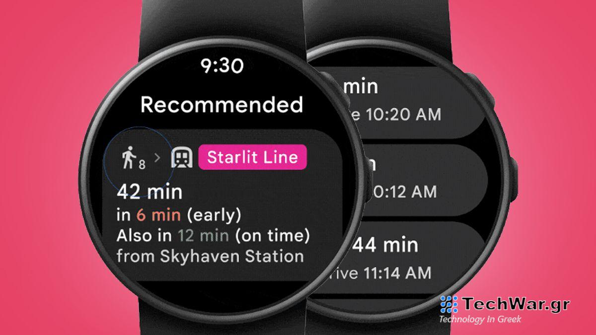 Two Wear OS watches on a pink background showing Google Maps directions