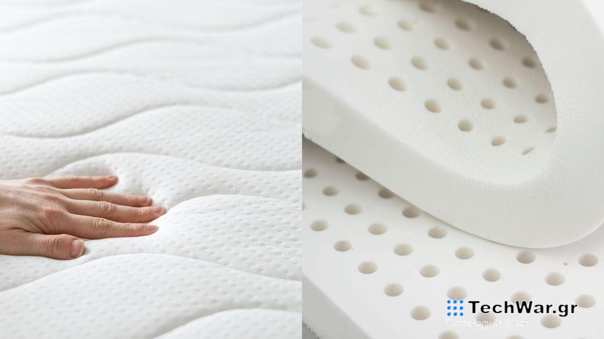 A split screen showing a memory foam mattress on the left and a latex mattress on the right