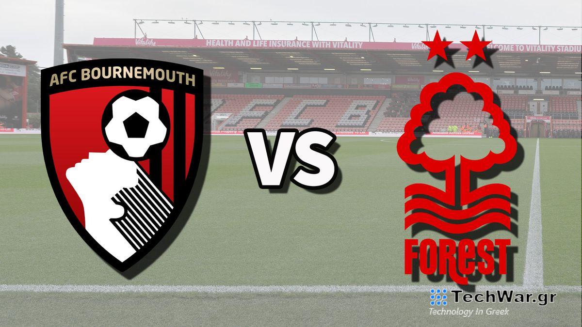 The AFC Bournemouth and Nottingham Forest club badges on top of a photo of the Vitality Stadium in Bournemouth, England