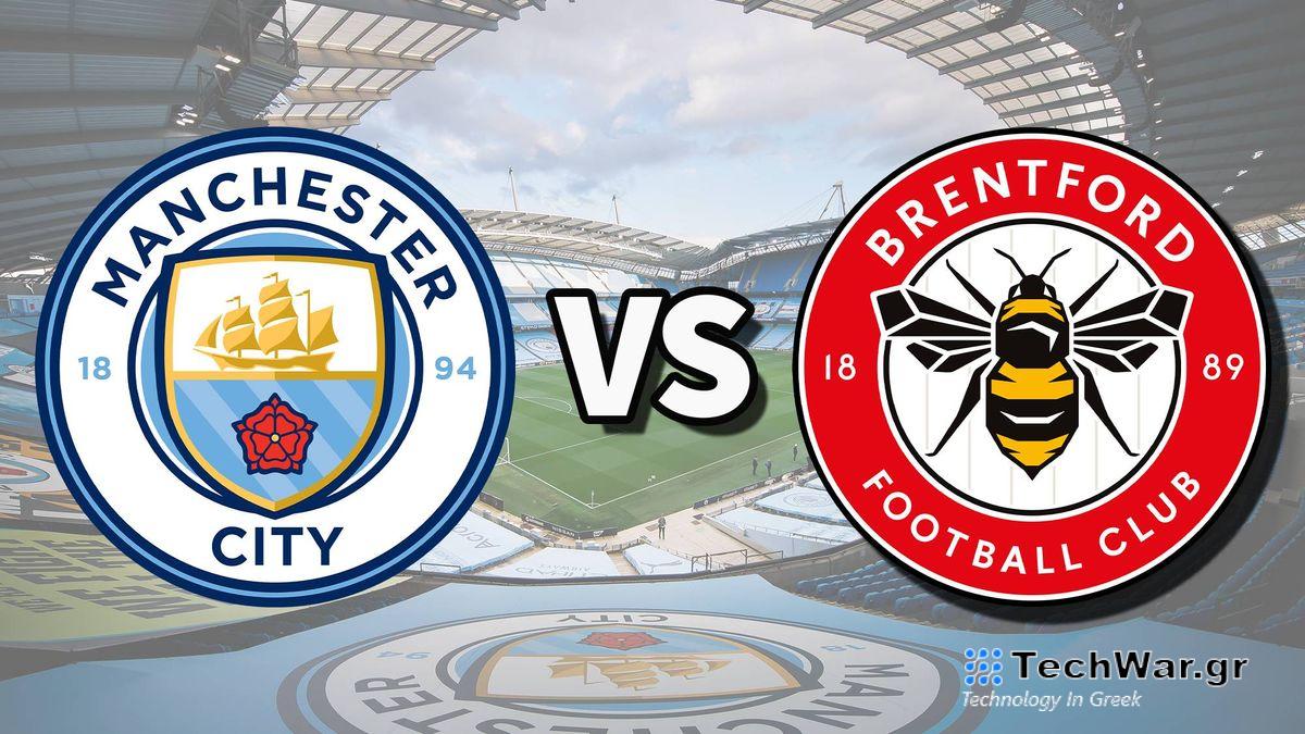 The Manchester City and Brentford club badges on top of a photo of the Etihad Stadium in Manchester, England