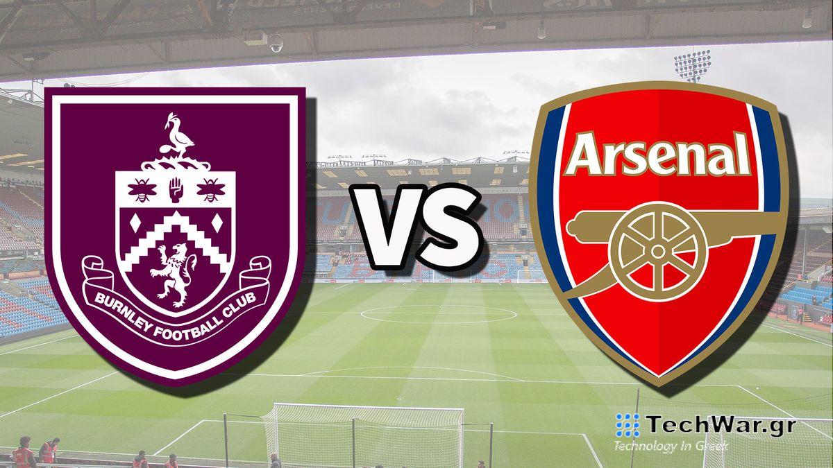 The Burnley and Arsenal club badges on top of a photo of Turf Moor stadium in Burnley, England