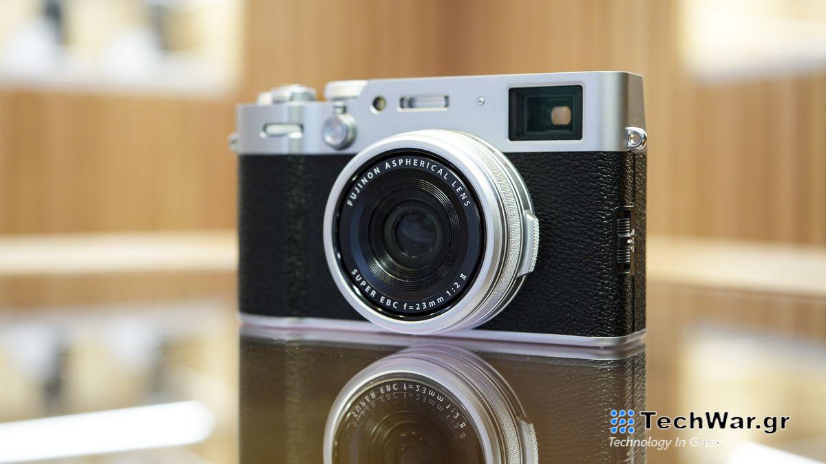 Front of the Fujifilm X100VI reflected in glass table