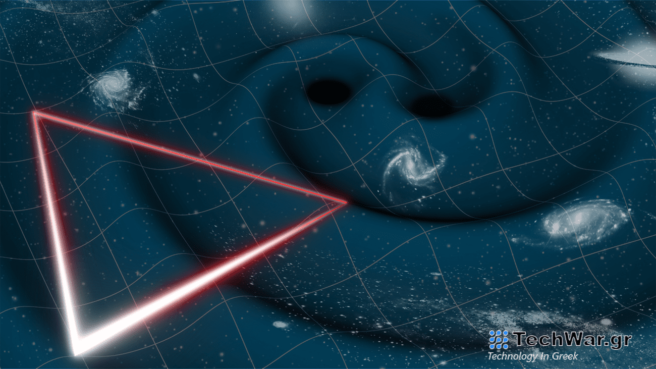 An artist's representation of two black holes generating gravitational waves, and LISA’s triangle of laser light.