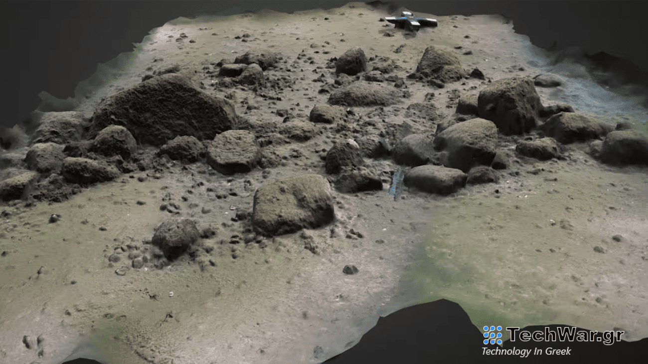 A 3D model of a section of the Blinkerwall next to a large boulder at the western end of the wall.