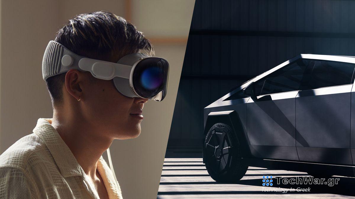 A person wearing an Apple Vision Pro next to a Tesla Cybertruck