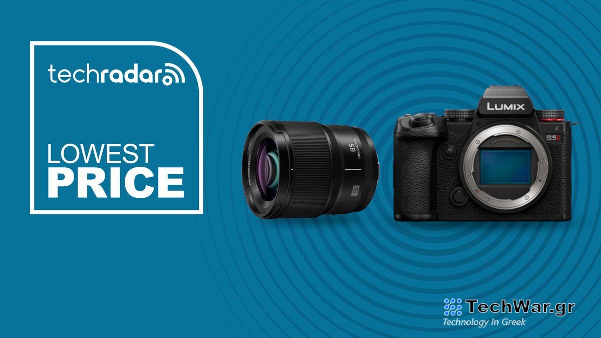 Panasonic Lumix S5 II with 85mm lens on blue background with lowest price text overlay