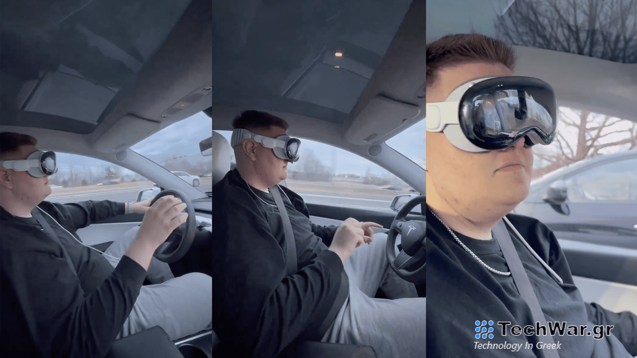 Three screenshots of Tesla driver wearing Apple Vision Pro