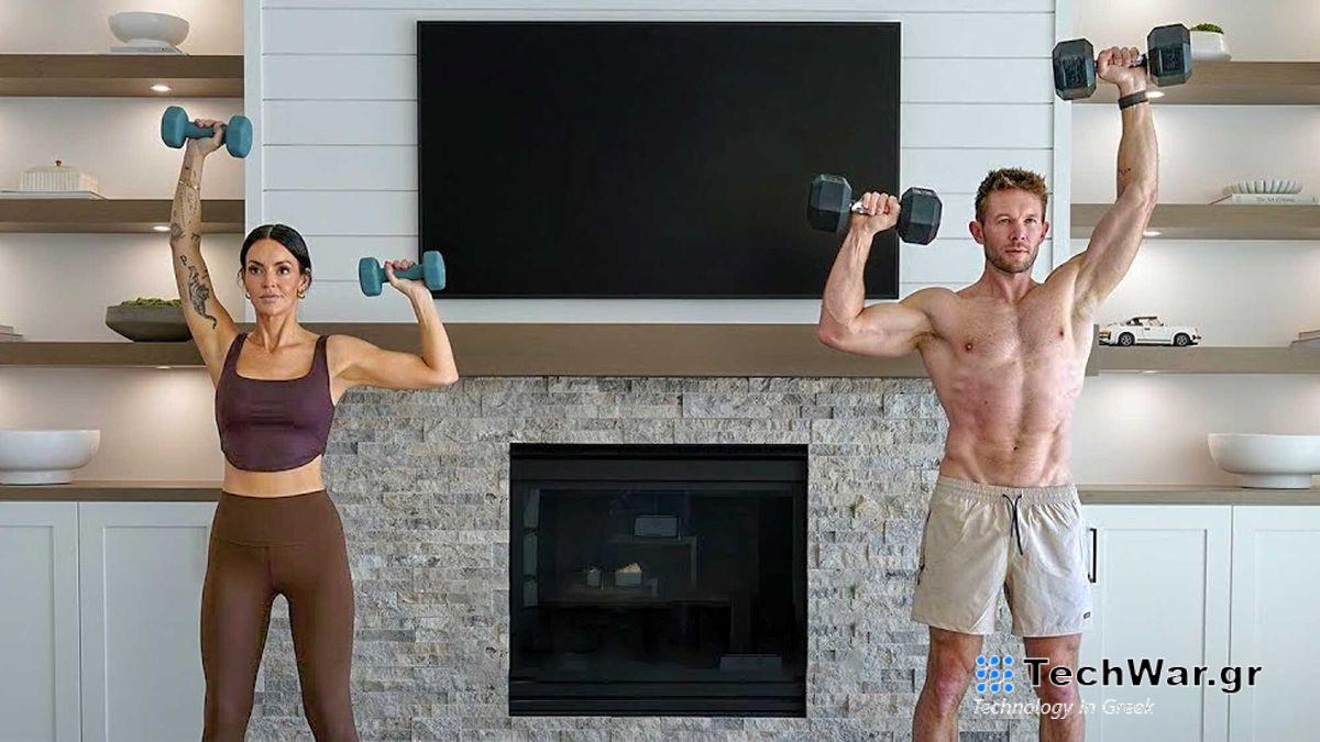 Tiff and Dan doing dumbbell workout for YouTube video