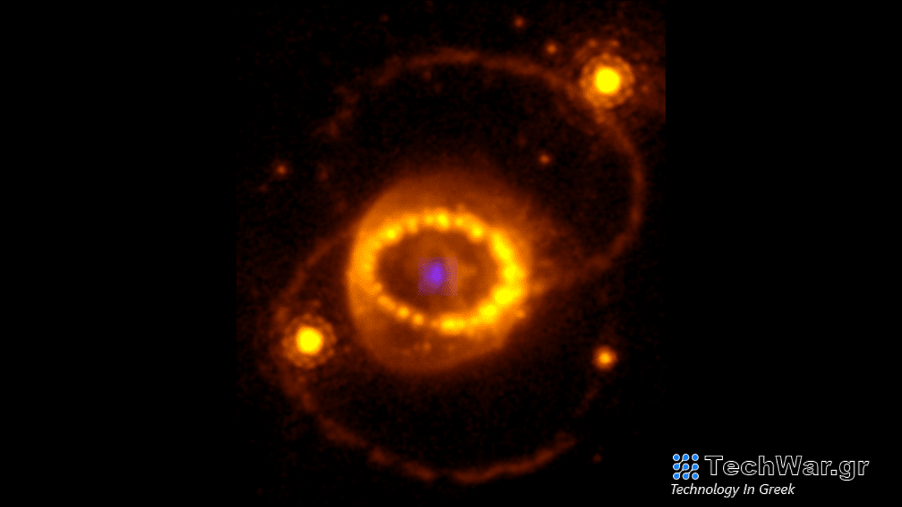 A combination of a Hubble Space Telescope image of SN 1987A and the compact argon source. The faint blue source in the center is the emission from the compact source detected with the James Webb Space Telescope. Outside this is the stellar debris, which contains most of the mass. The inner bright “string of pearls” is the gas from the outer layers of the star that was expelled about 20,000 years before the final explosion. The fast debris is now colliding with the ring, explaining the bright spots. Outside of the inner ring are two outer rings, presumably produced by the same process as forming the inner ring. The bright stars to the left and right of the inner ring are unrelated to the supernova.