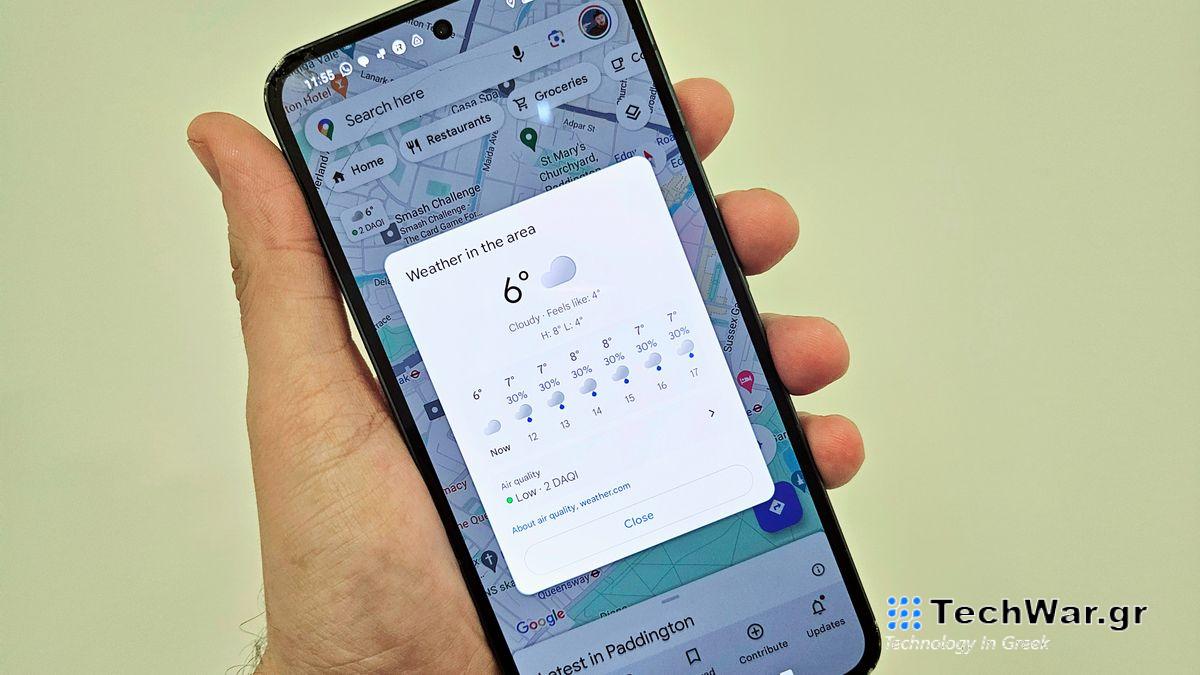Google Maps weather update running on Nothing Phone 2 Android phone 