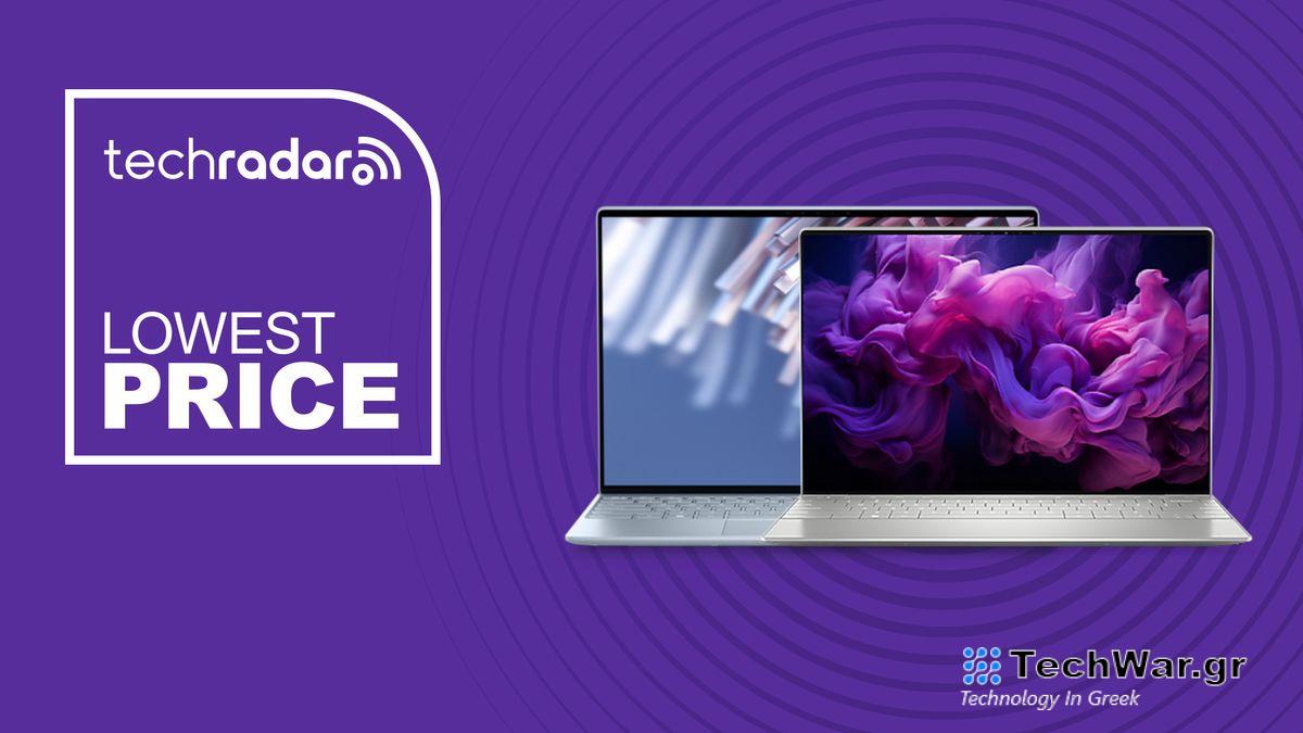 Dell XPS 13 and Dell XPS 13 Plus on purple background with lowest price text overlay