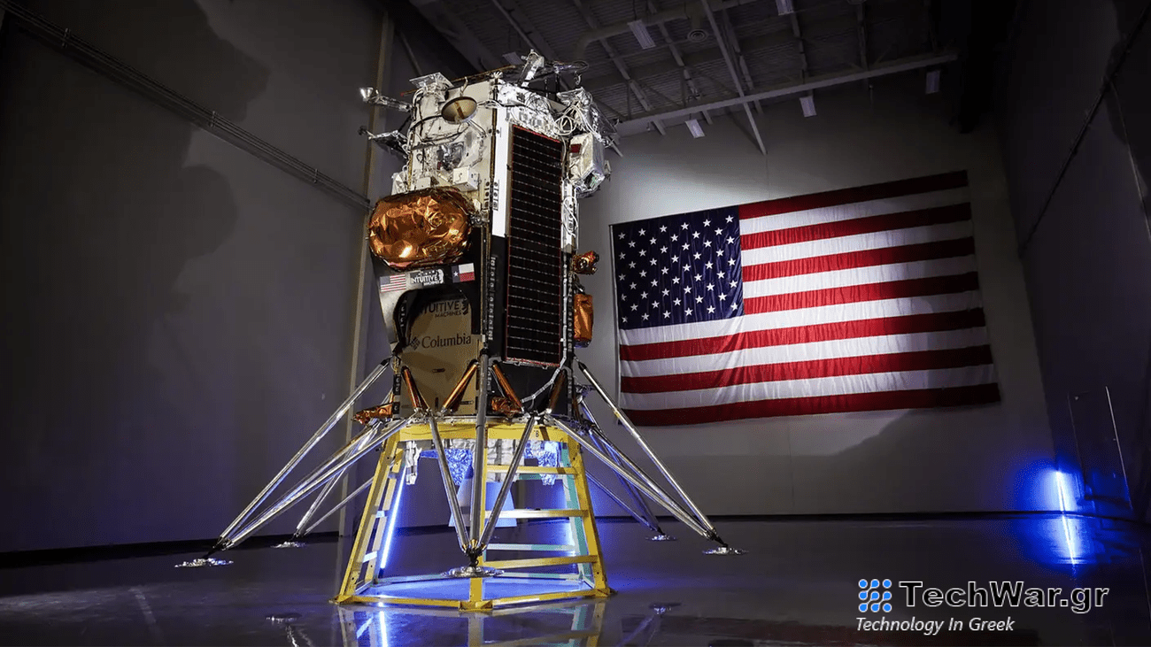 The six-legged Nova-C moon lander with an American flag in the background.