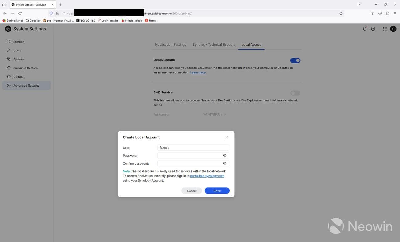 Configuration screen on the BeeStation showing how to enable local user and SMB