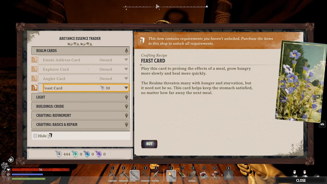 Nightingale screenshot of purchasable minor realm cards.