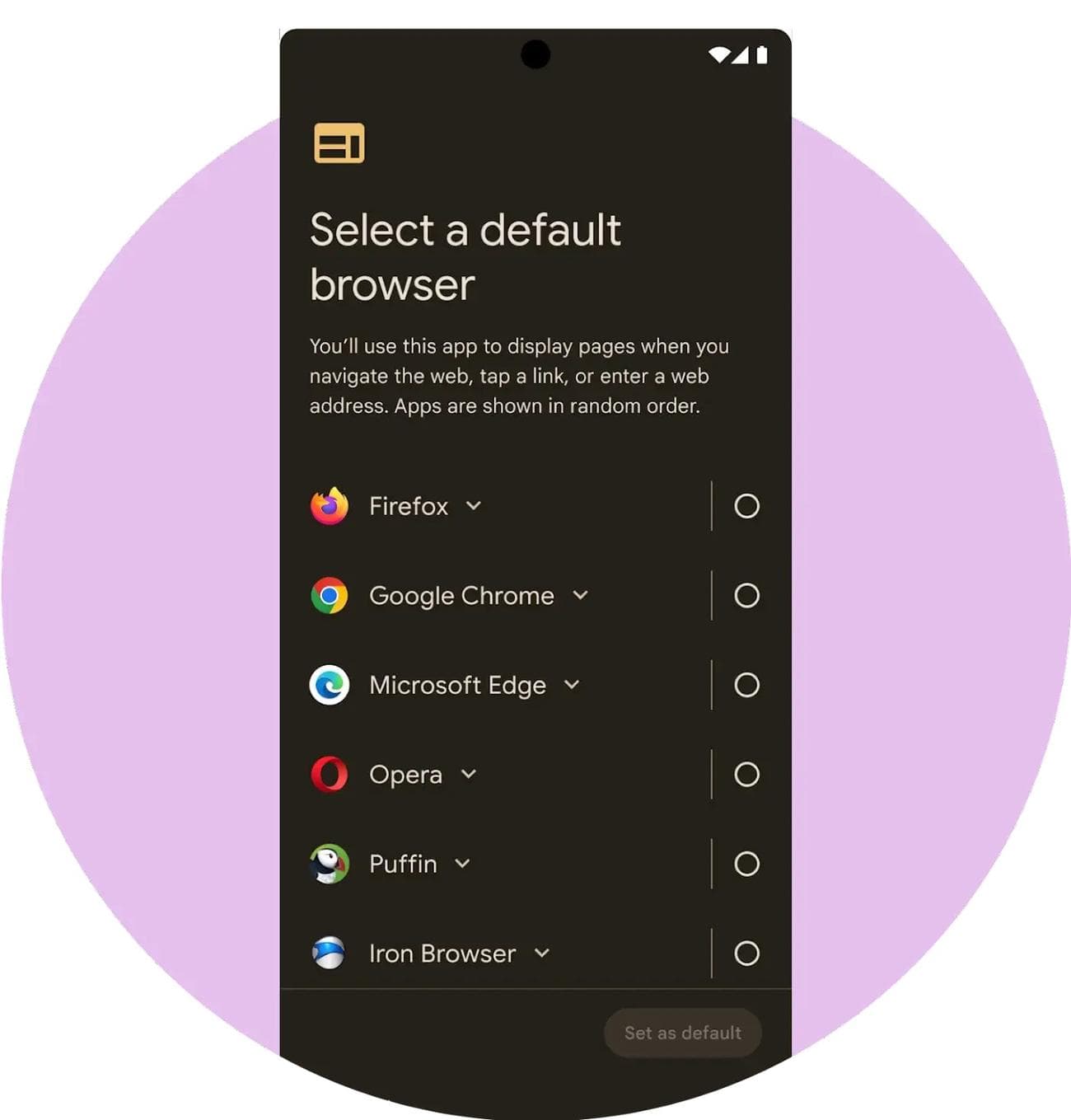 DMA επιλογής οθόνης Google Android Browser