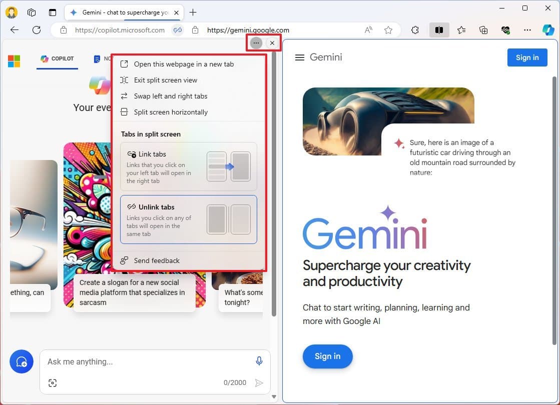 Split screen options