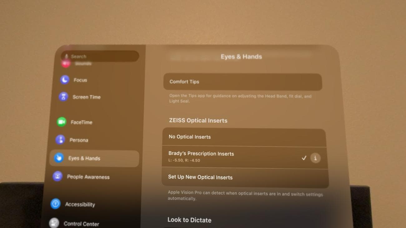 Eyes & Hands στις ρυθμίσεις Vision Pro.