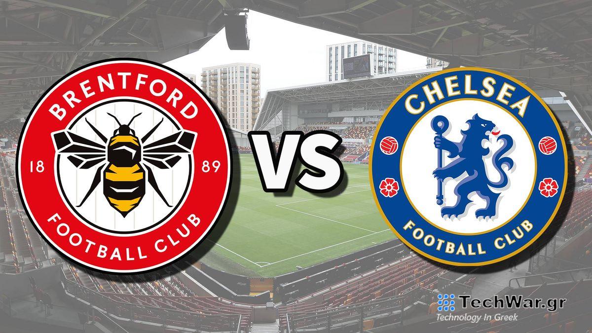 The Brentford and Chelsea club badges on top of a photo of Brentford Community Stadium in Brentford, England