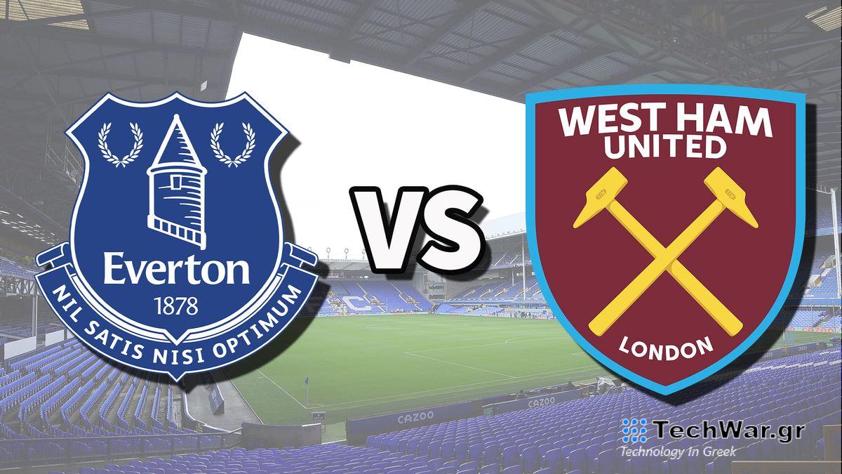 The Everton and West Ham United club badges on top of a photo of Goodison Park stadium in Liverpool, England