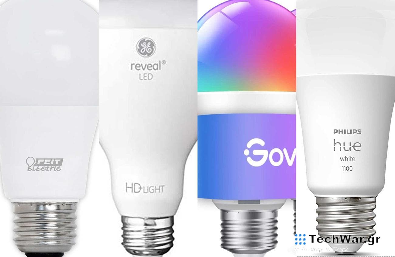 A lineup of the best LED light bulbs in four vertical sections