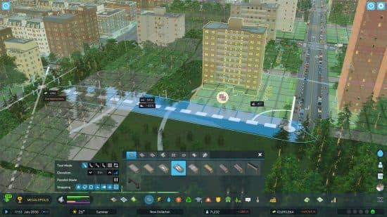 Τροποποιήσεις Cities Skylines 2: μια μικρή κατασκευή πόλης, με τα περιγράμματα των κατοικημένων περιοχών να εμφανίζονται.