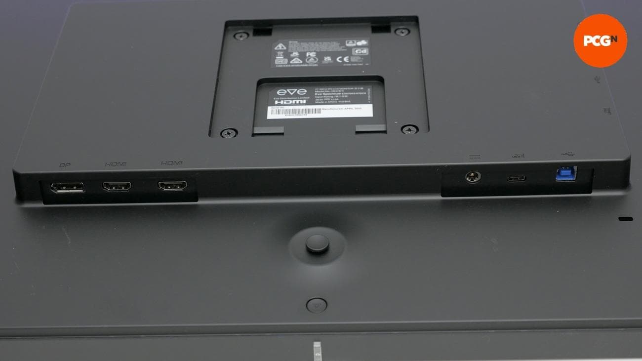 Dough Spectrum One review image showing the ports on the back of the monitor. To the right you can see the PCGN logo.