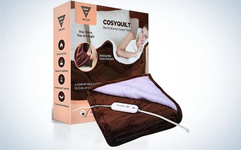 Brown, electric throw blanket with foot pocket