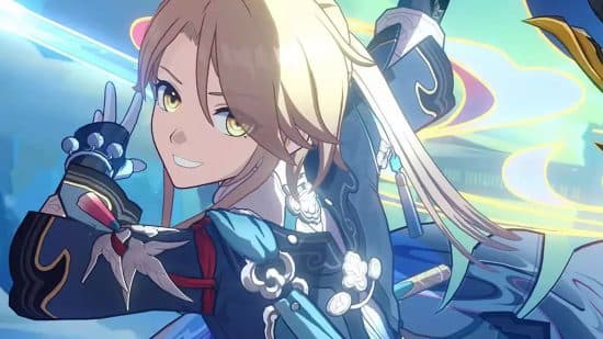 Yanqing, one of the top performers on our Honkai Star Rail tier list, dashes in front of the camera with a bright smile, his sword held aloft behind him.