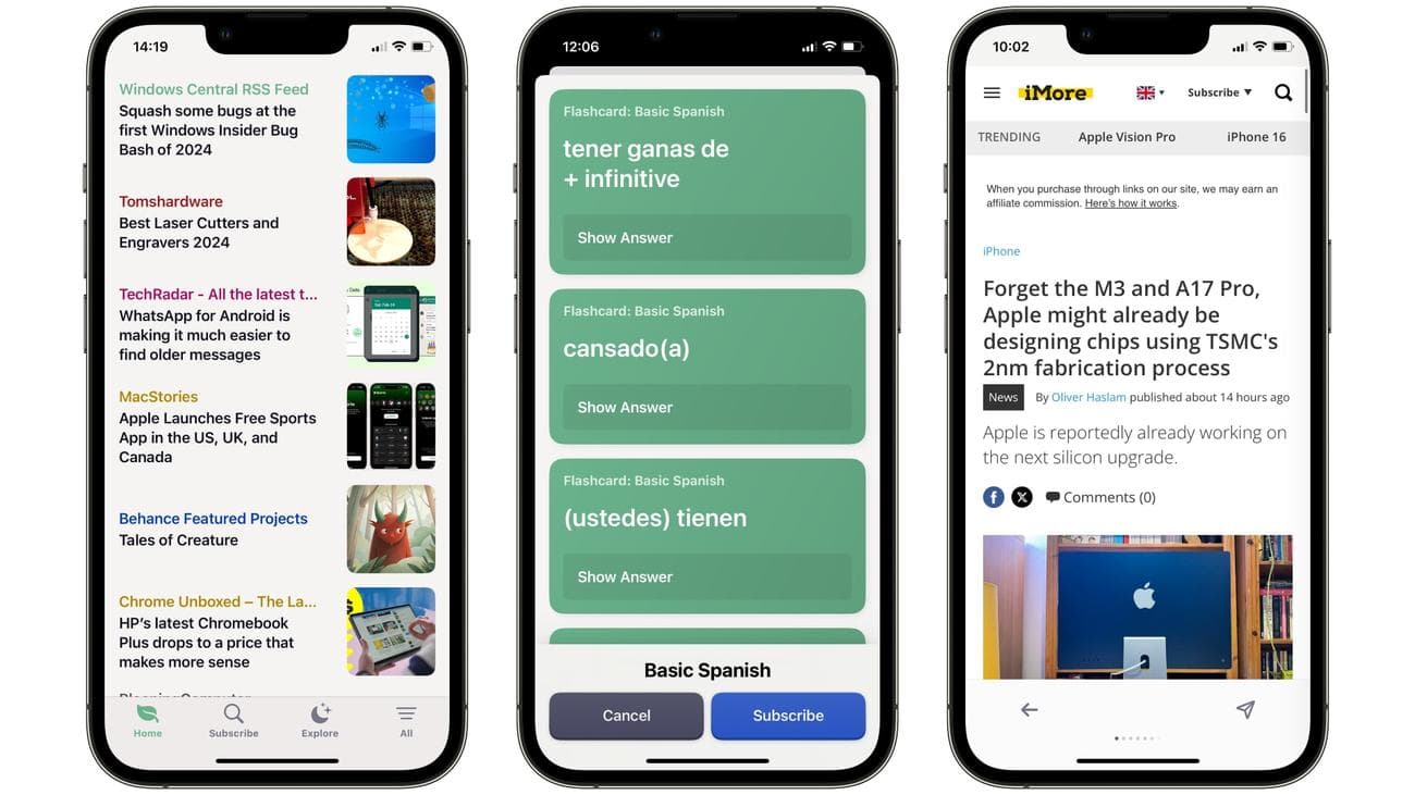Η εφαρμογή feeeed εκτελείται σε iPhone, με διάφορες διαφορετικές λειτουργίες στην εφαρμογή που εμφανίζονται.