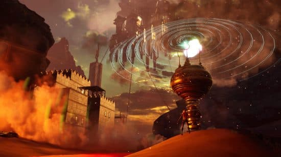 Witherbloom - Μια αρχαία κατασκευή χτισμένη σε μια κυλιόμενη έρημο.  Μια πλωτή πόλη μπορεί να δει κανείς ψηλά στα σύννεφα από πάνω.