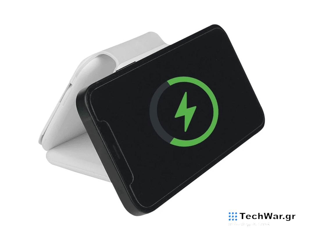 A portable folding charger on a plain background