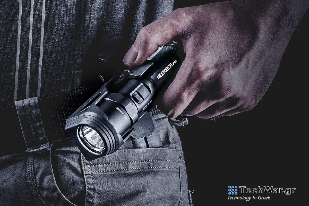 A person holding a P80 Pocket Torch emergency flashlight.