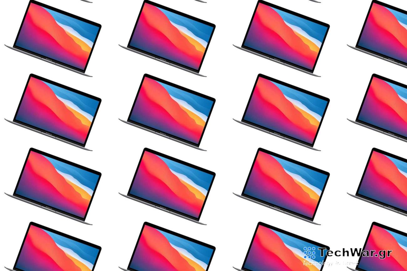 An M1 MacBook Air in a brick pattern on a plain background