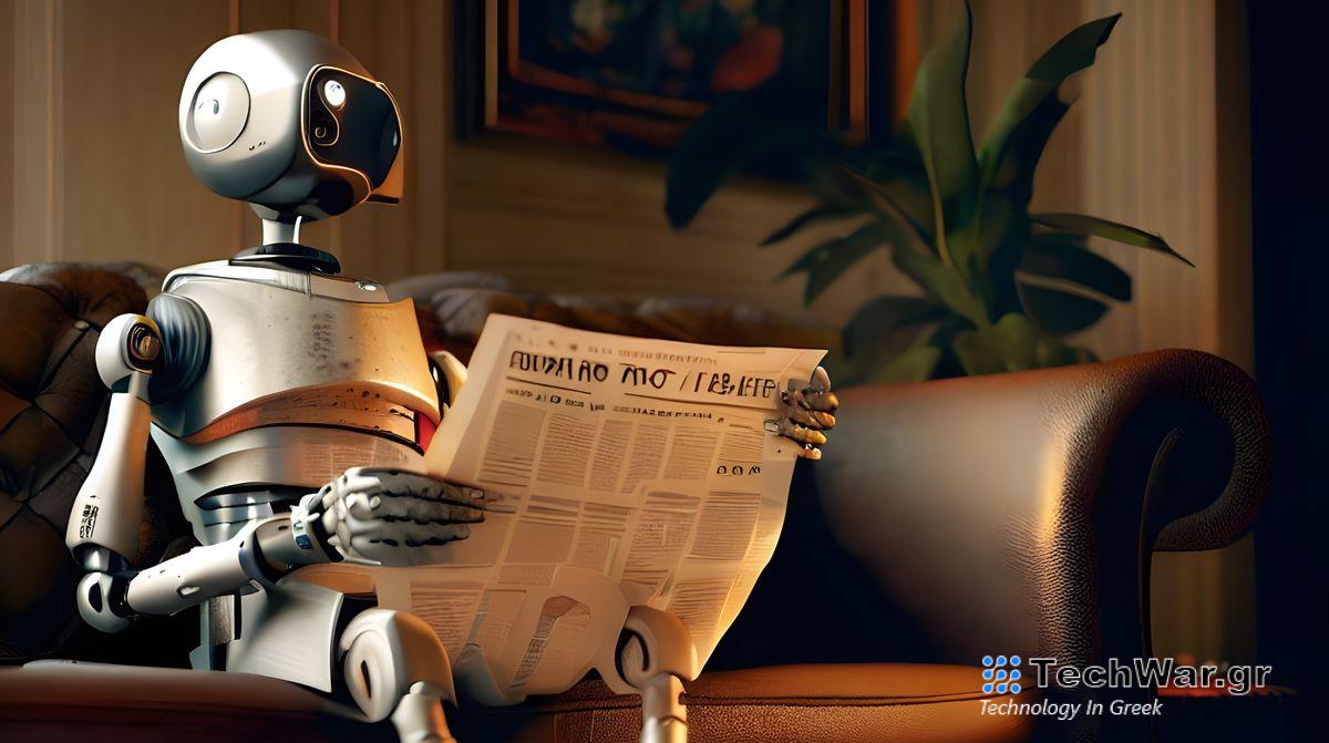A robot reading a newspaper