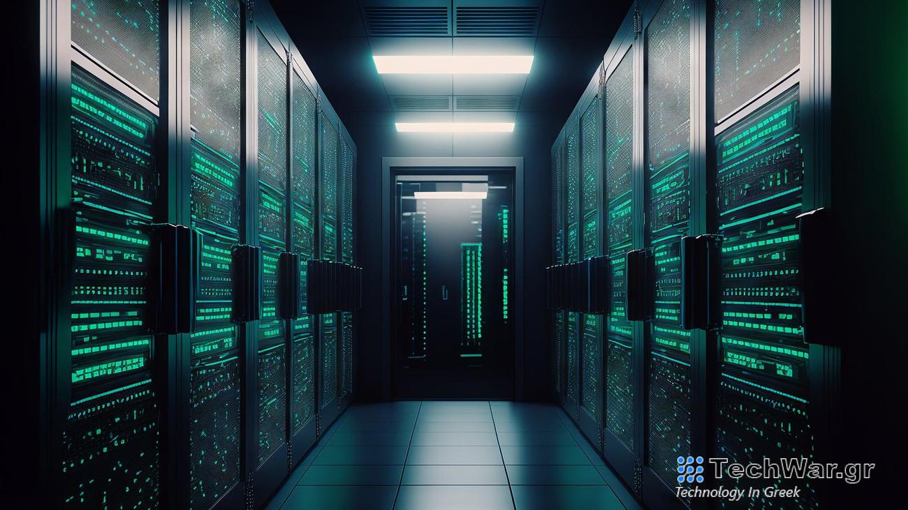 data center dark hallway green shade fluorescent light